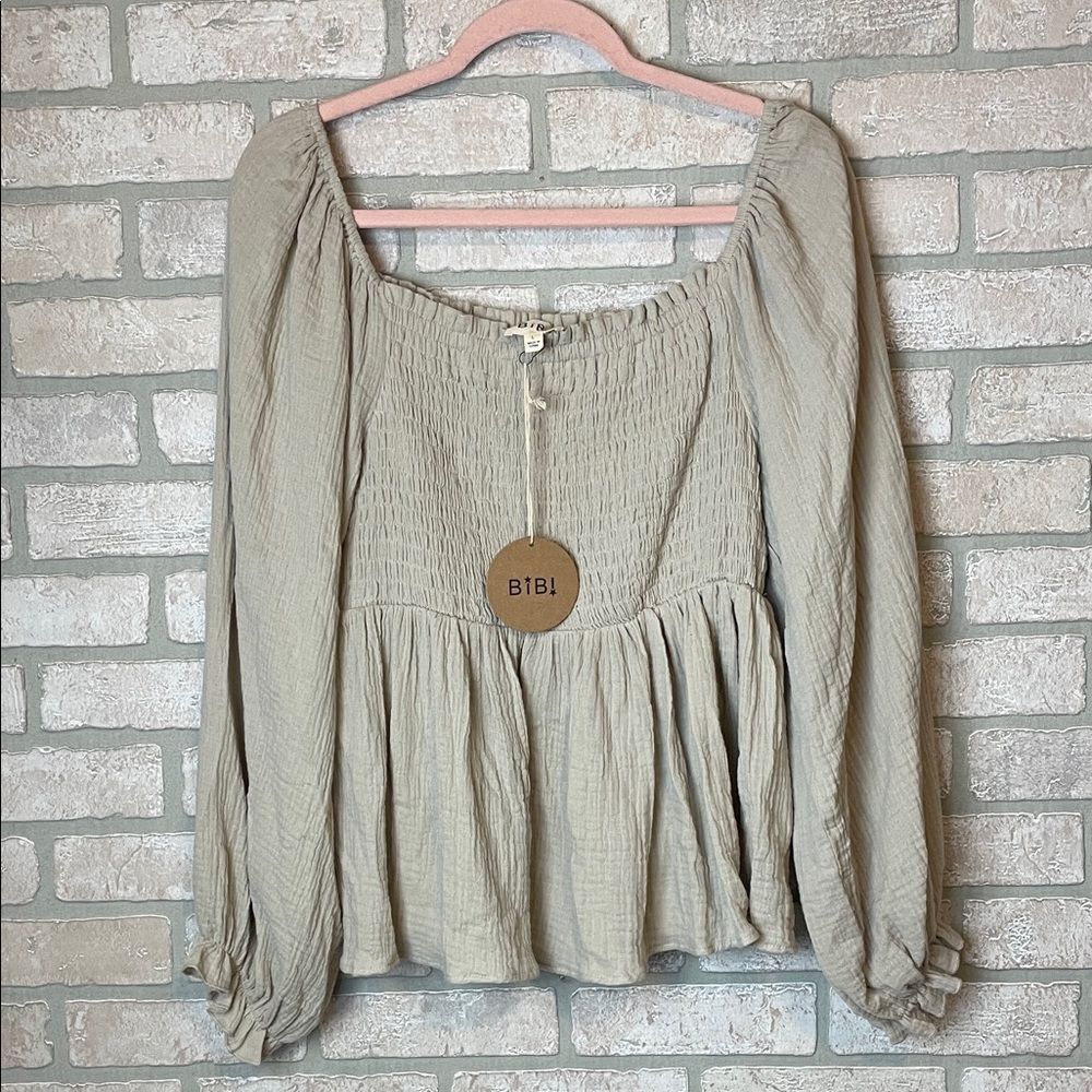 NWT BiBi Beige Smocked gauze ruffled Blouse size L